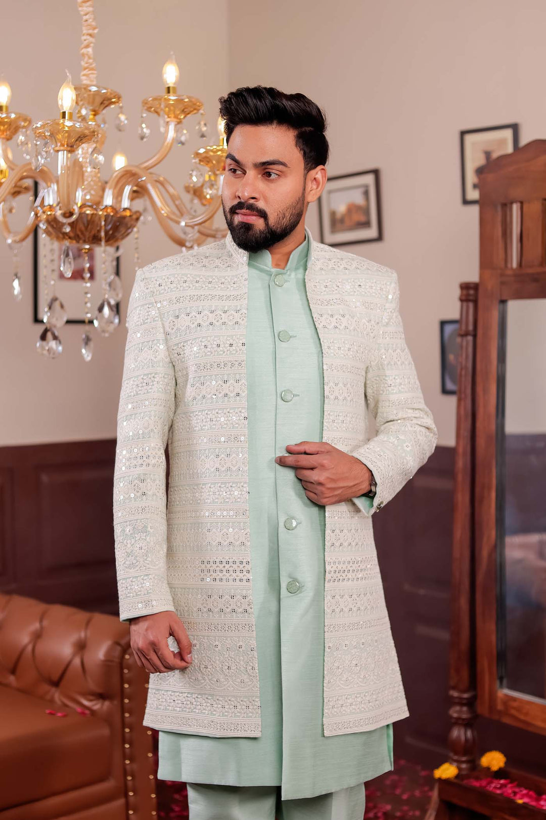 Mint Green Lucknowi Open Jacket Style Indo-western Suit