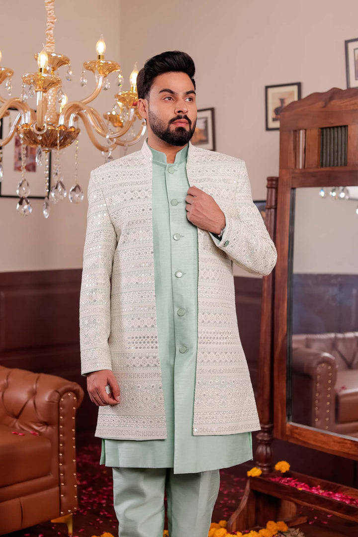 Mint Green Lucknowi Open Jacket Style Indo-western Suit