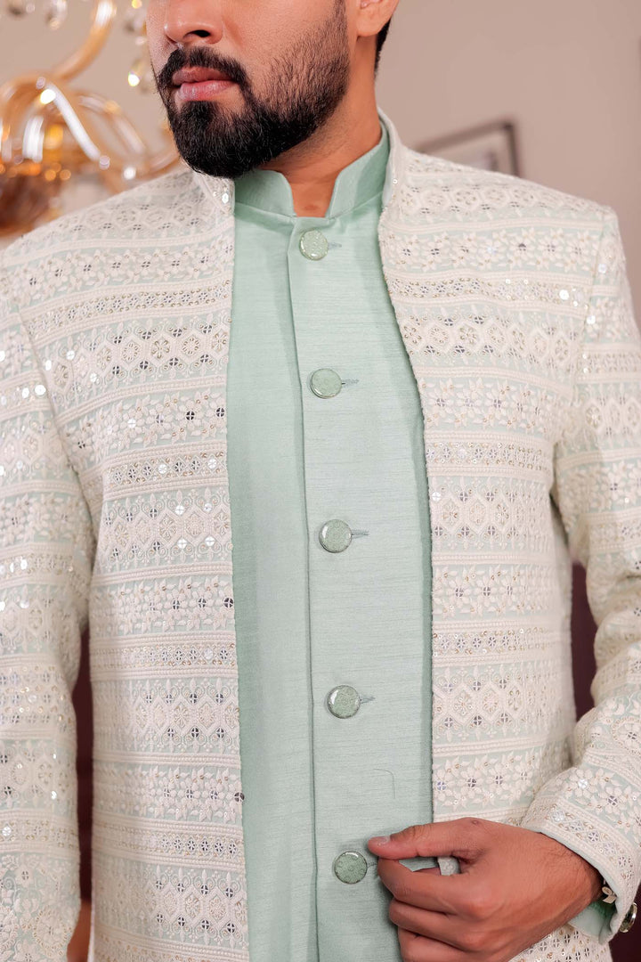 Mint Green Lucknowi Open Jacket Style Indo-western Suit