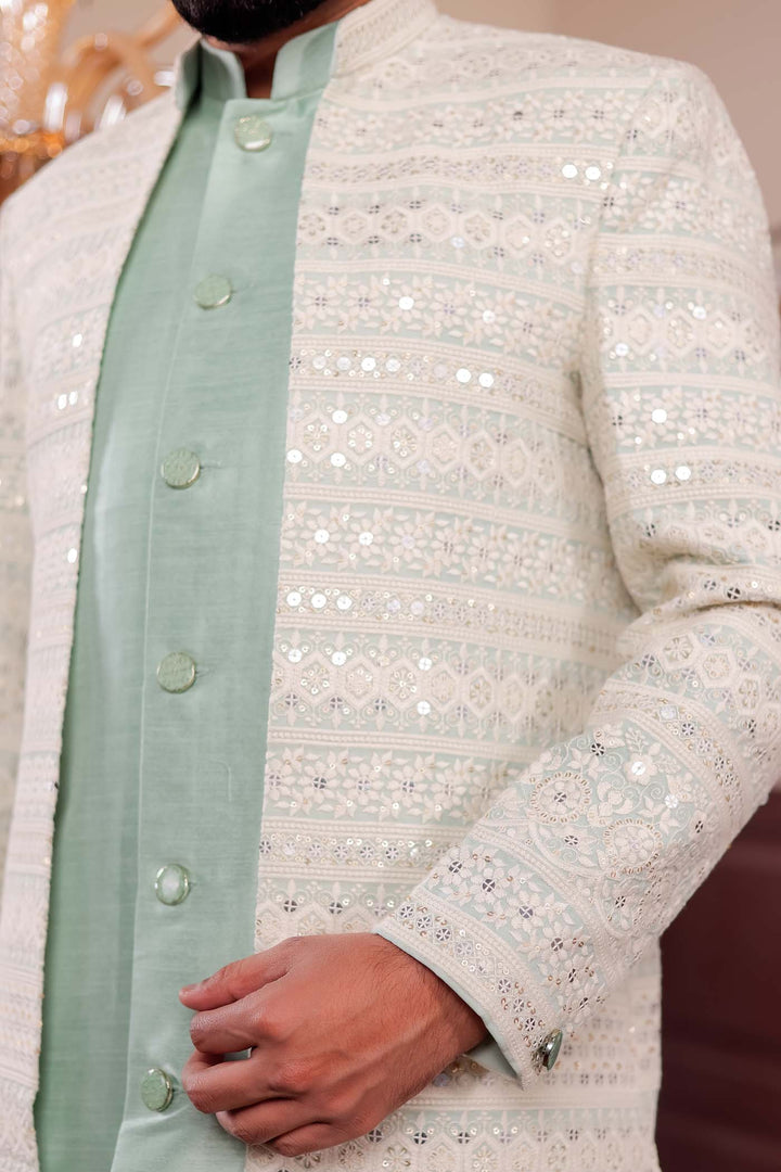 Mint Green Lucknowi Open Jacket Style Indo-western Suit