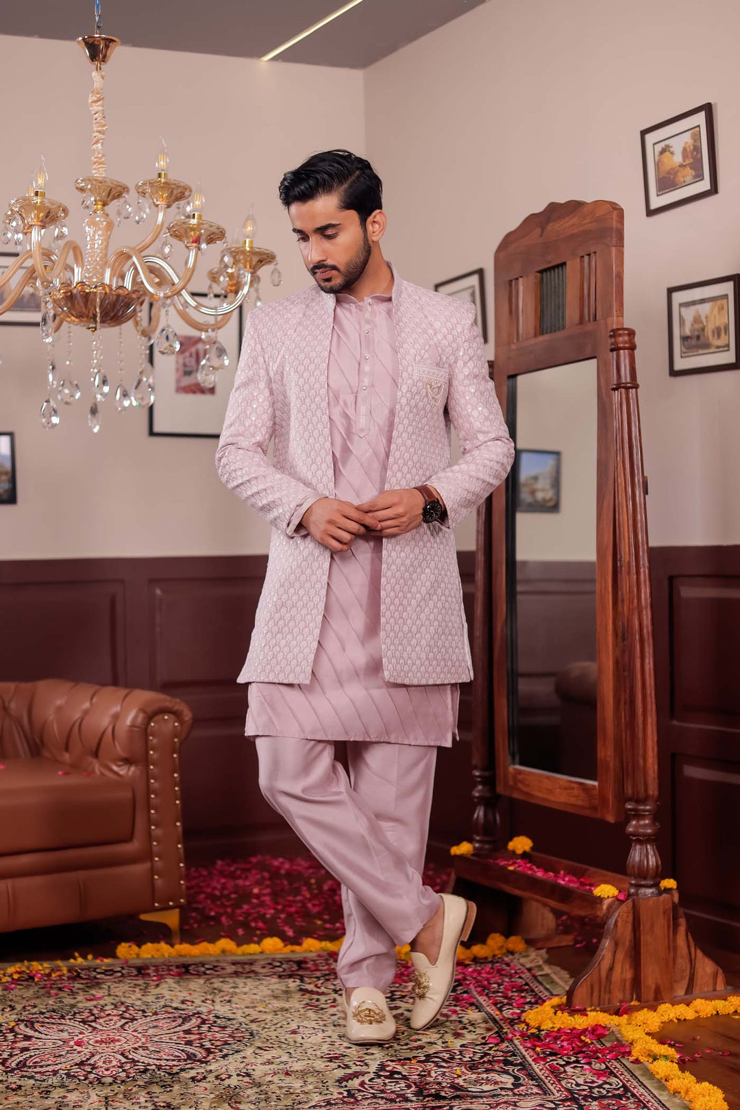 Light Pink Lucknowi Silk Jacket Style Indo-Western Suit.