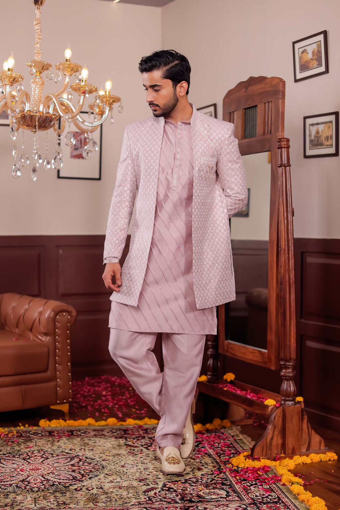 Light Pink Lucknowi Silk Jacket Style Indo-Western Suit.