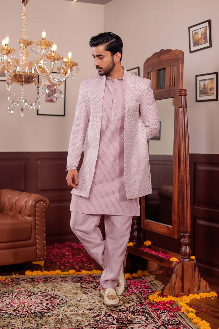 Light Pink Lucknowi Silk Jacket Style Indo-Western Suit.