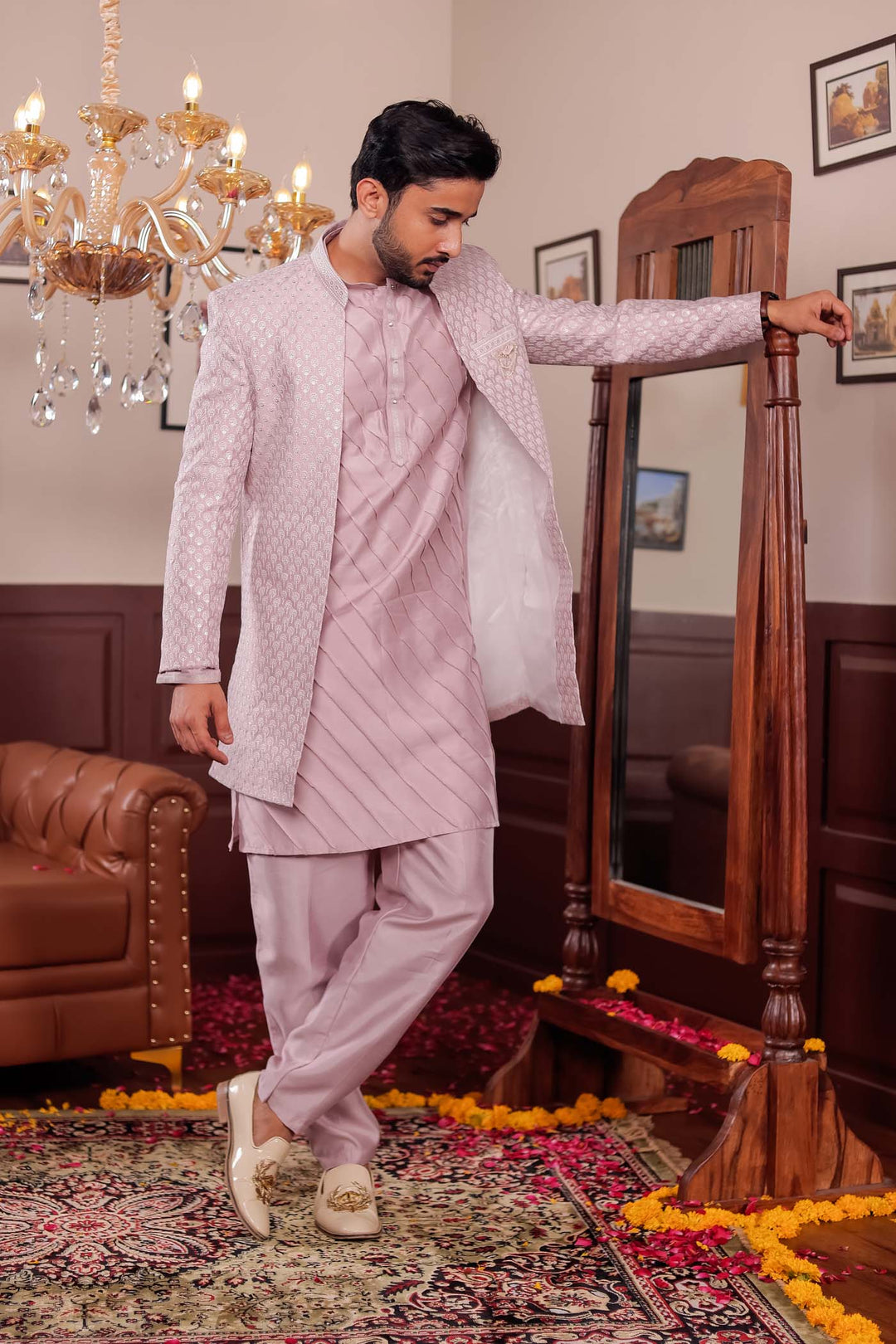 Light Pink Lucknowi Silk Jacket Style Indo-Western Suit.