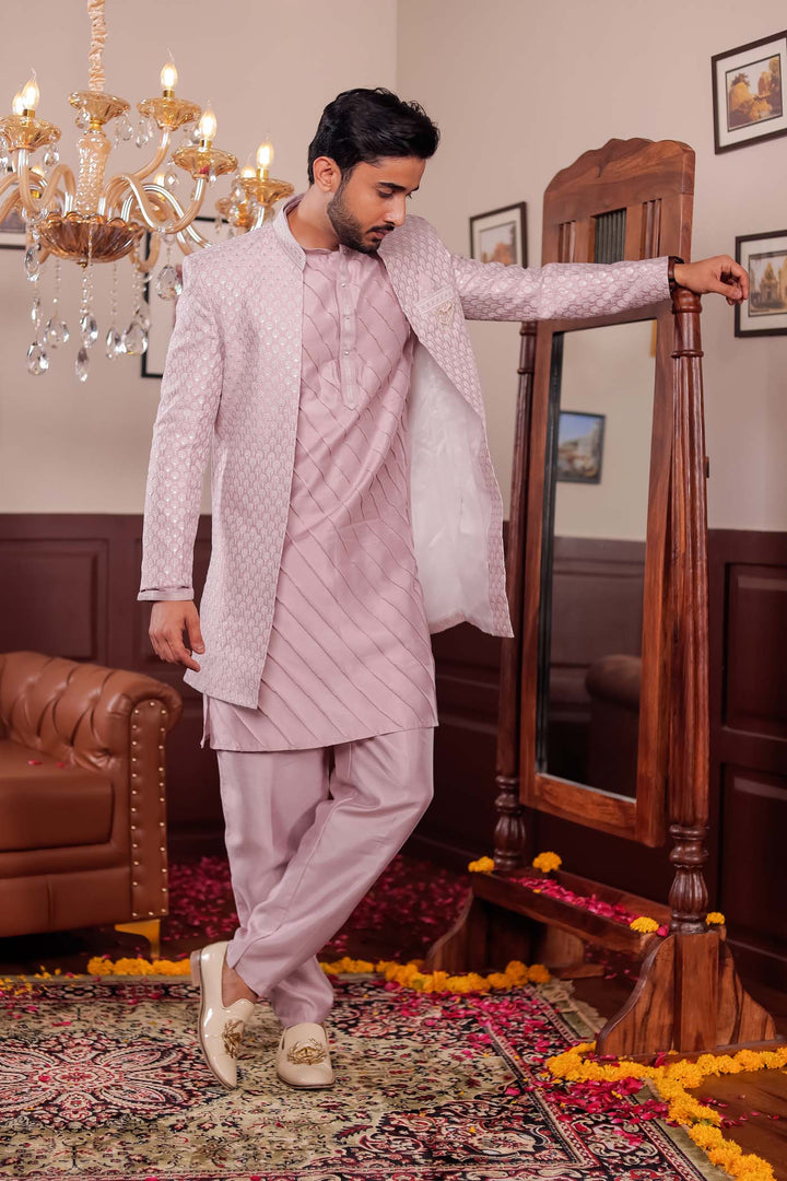 Light Pink Lucknowi Silk Jacket Style Indo-Western Suit.