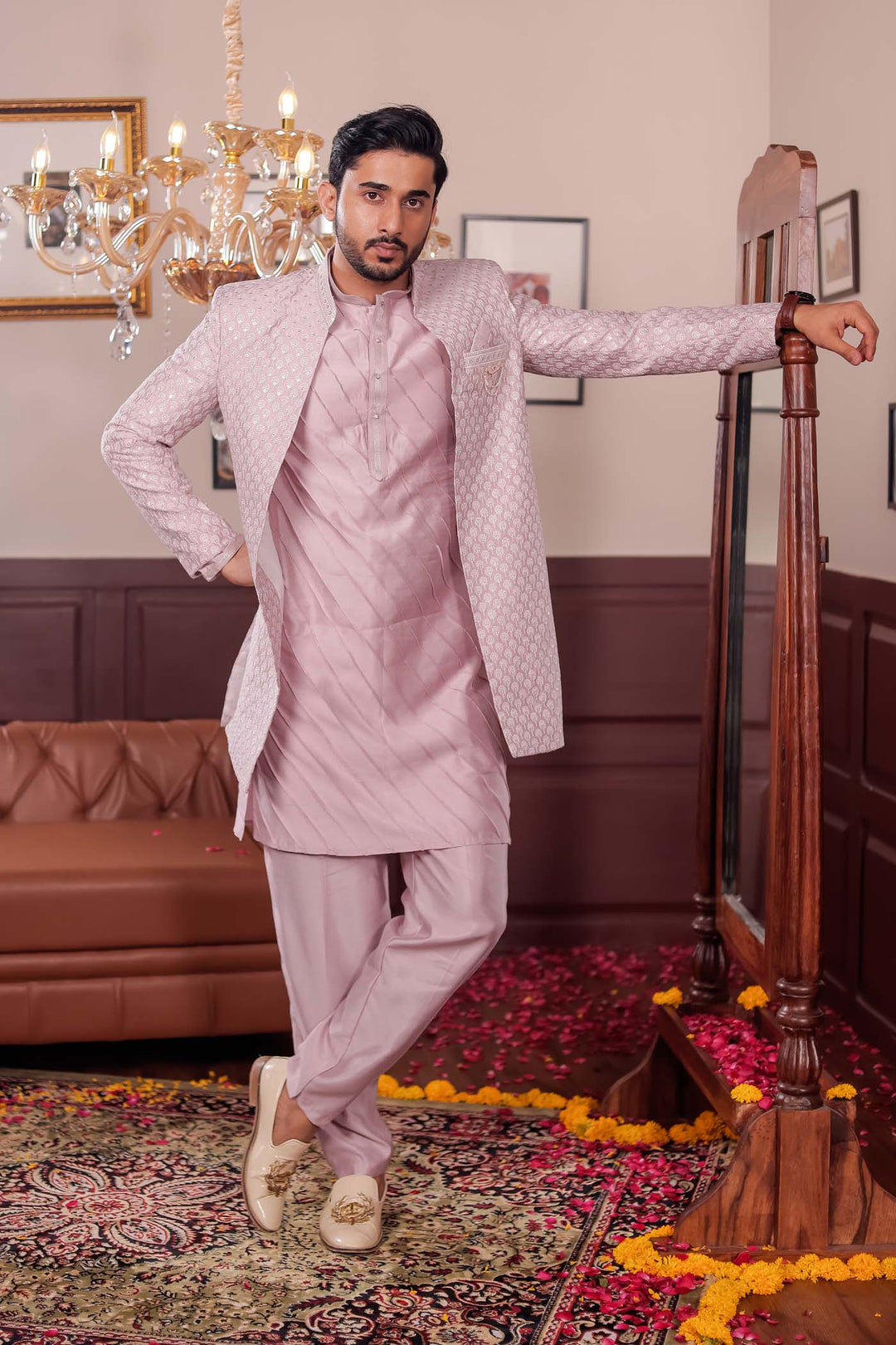 Light Pink Lucknowi Silk Jacket Style Indo-Western Suit.