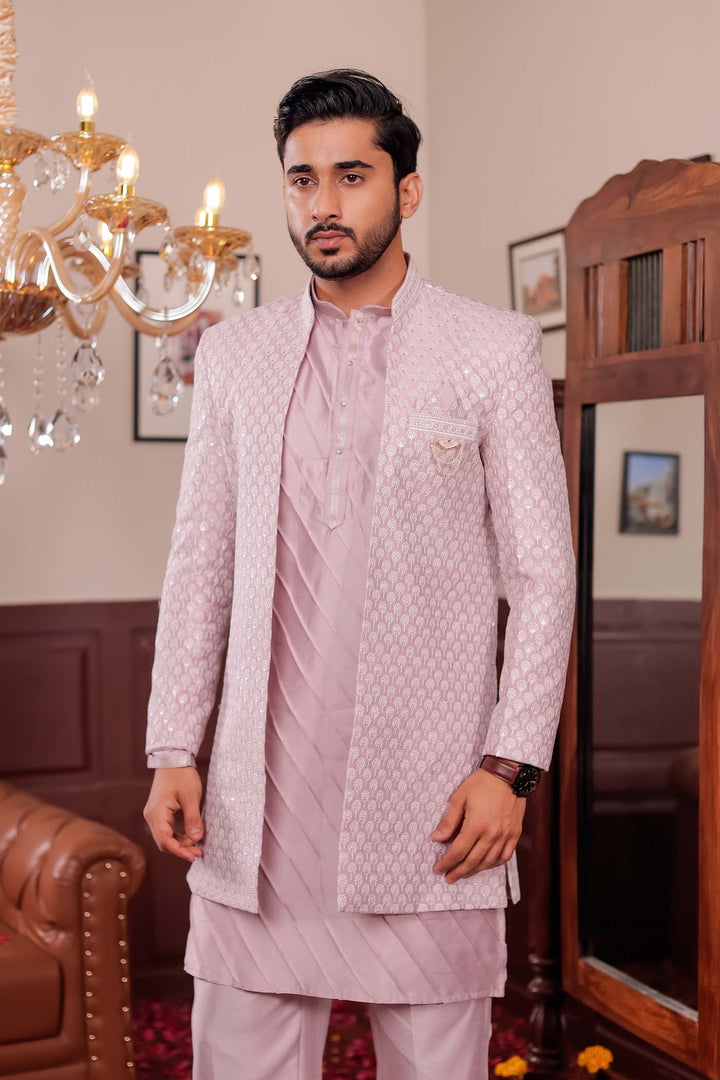 Light Pink Lucknowi Silk Jacket Style Indo-Western Suit.