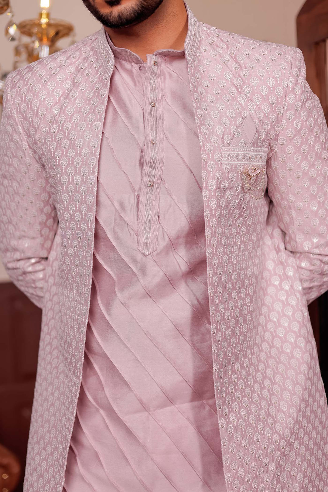 Light Pink Lucknowi Silk Jacket Style Indo-Western Suit.