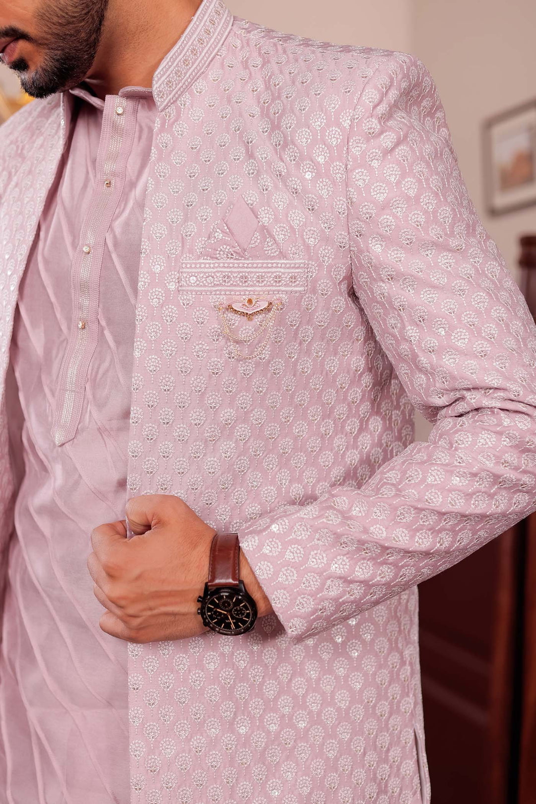 Light Pink Lucknowi Silk Jacket Style Indo-Western Suit.