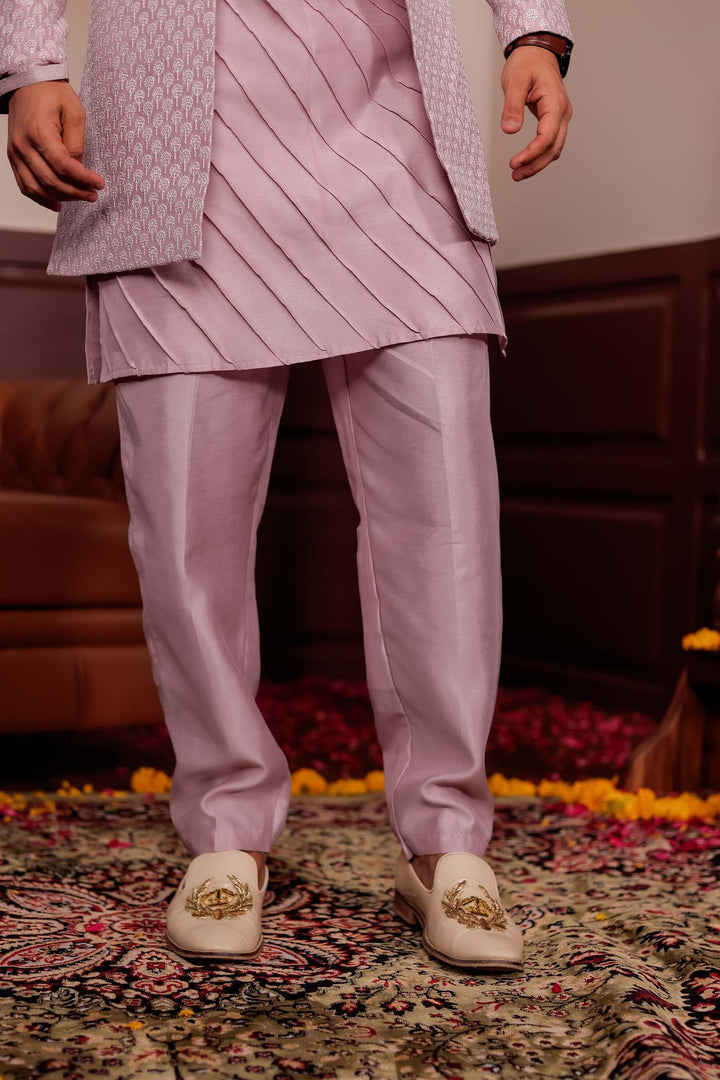 Light Pink Lucknowi Silk Jacket Style Indo-Western Suit.