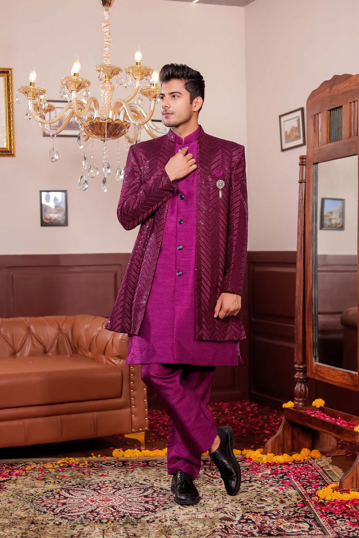 Wine Lucknowi Silk Jacket Style Indo-Western Suit