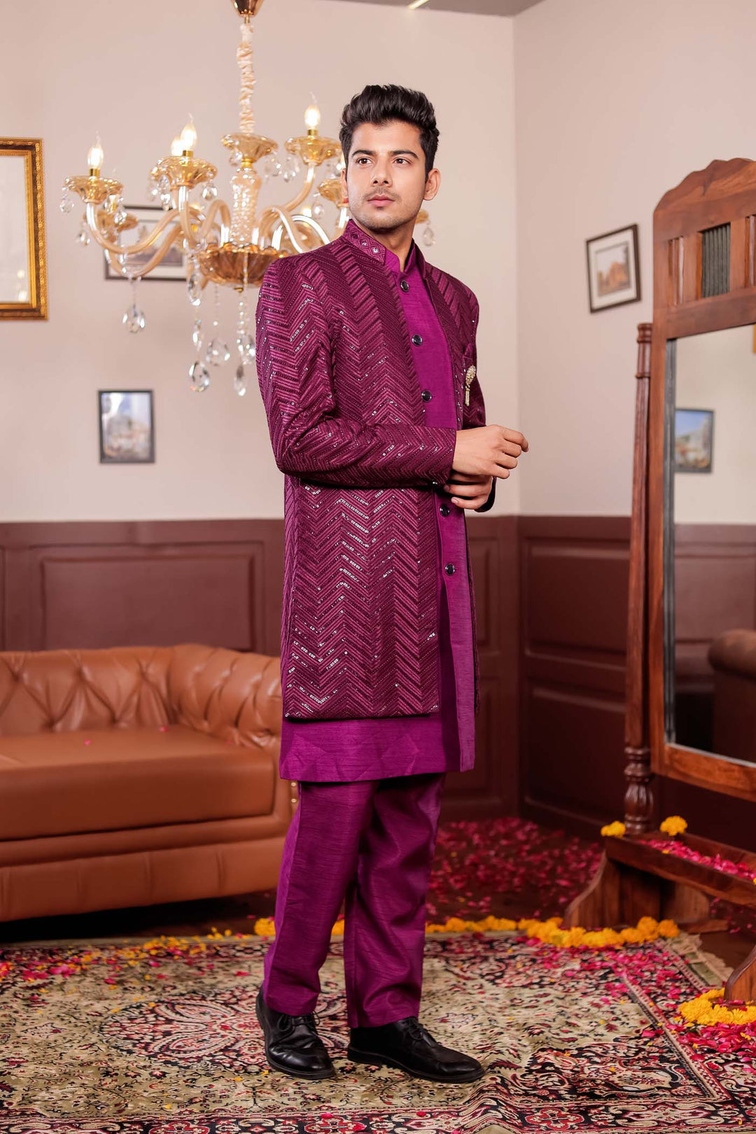 Wine Lucknowi Silk Jacket Style Indo-Western Suit