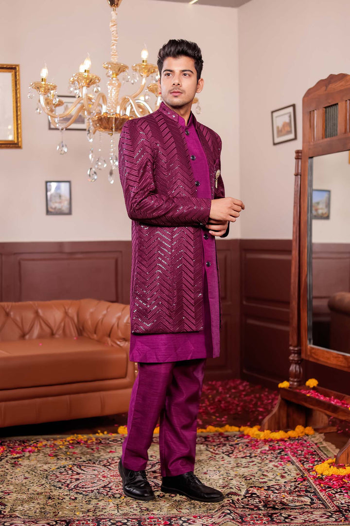 Wine Lucknowi Silk Jacket Style Indo-Western Suit