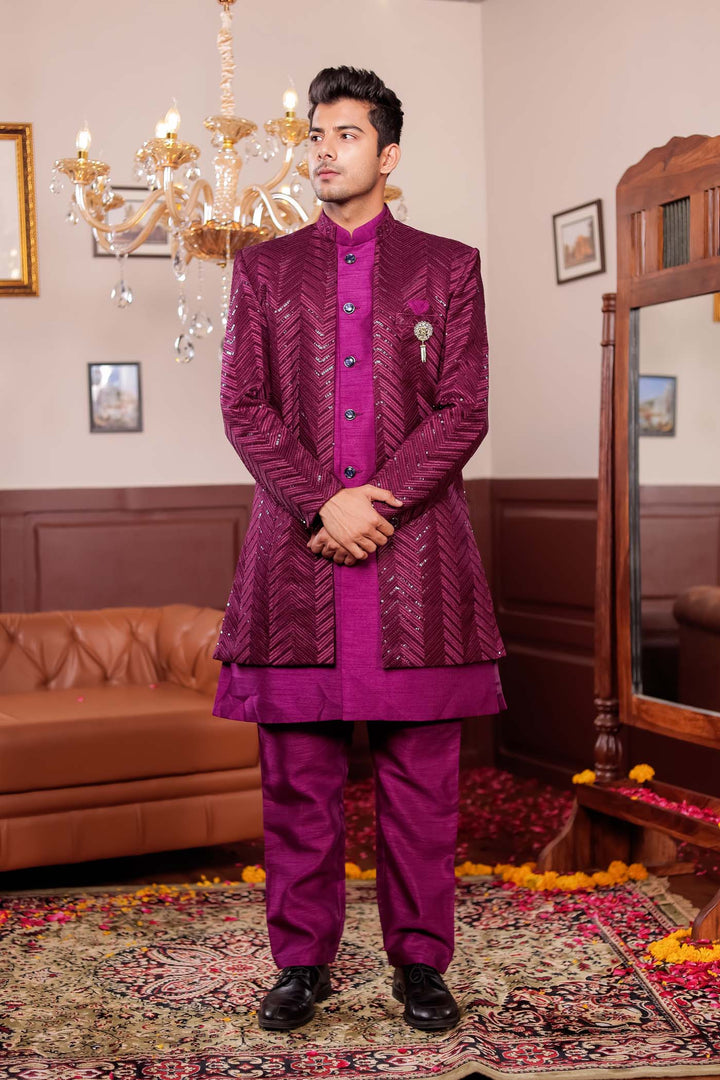 Wine Lucknowi Silk Jacket Style Indo-Western Suit