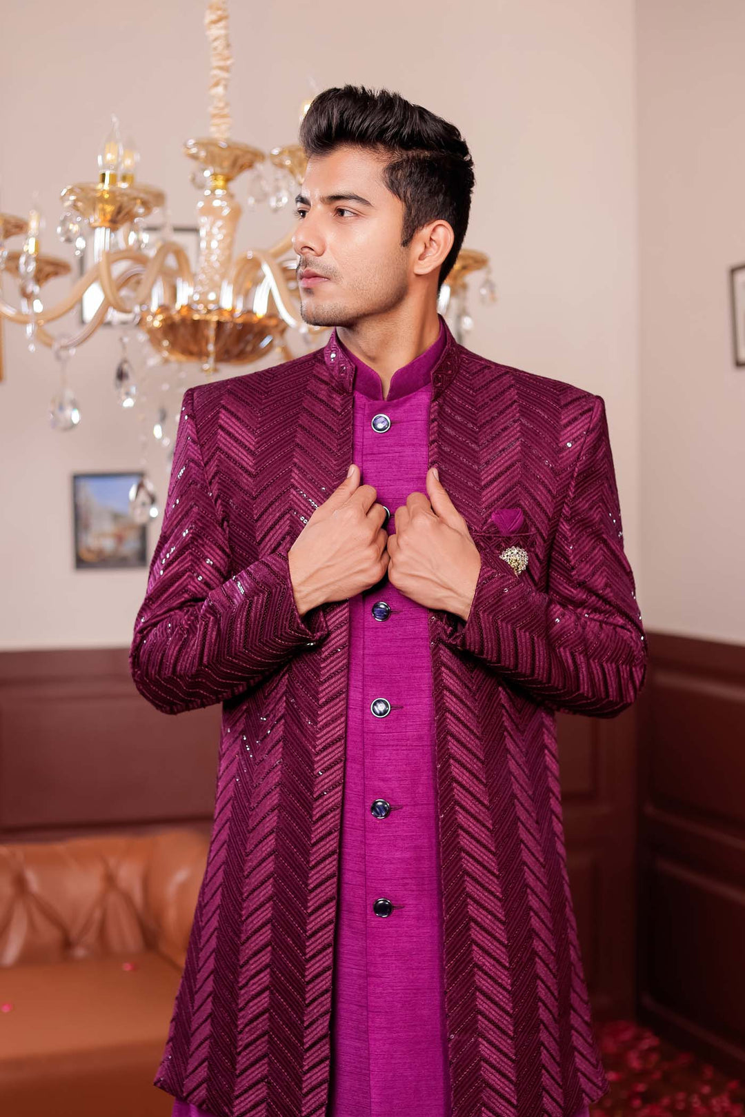 Wine Lucknowi Silk Jacket Style Indo-Western Suit