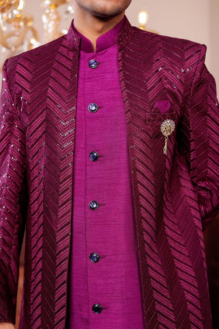 Wine Lucknowi Silk Jacket Style Indo-Western Suit