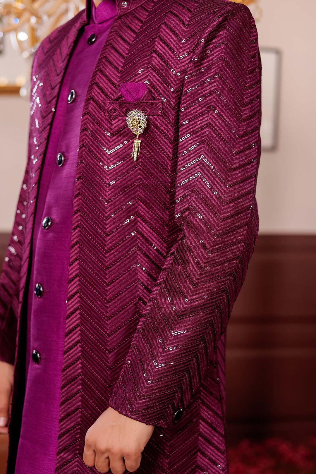 Wine Lucknowi Silk Jacket Style Indo-Western Suit