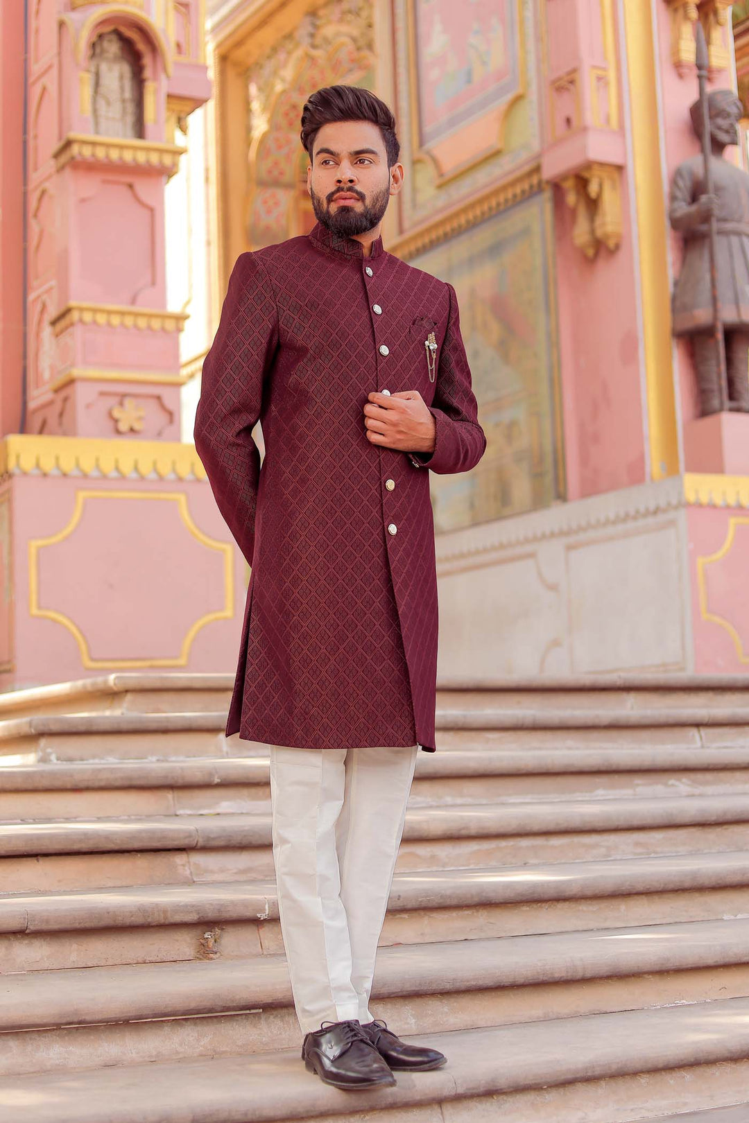 Burgundy Brocade Silk Indo-Western Suit