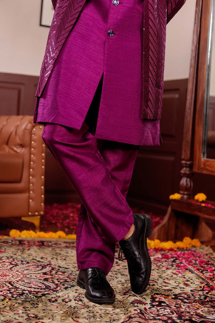 Wine Lucknowi Silk Jacket Style Indo-Western Suit