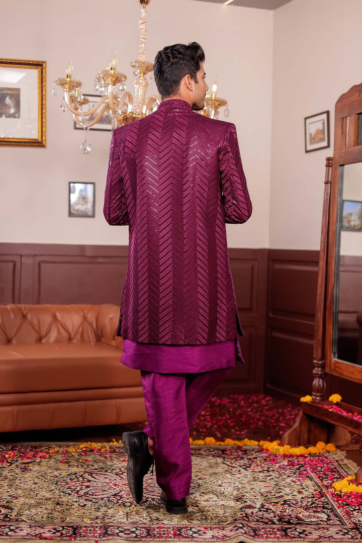 Wine Lucknowi Silk Jacket Style Indo-Western Suit