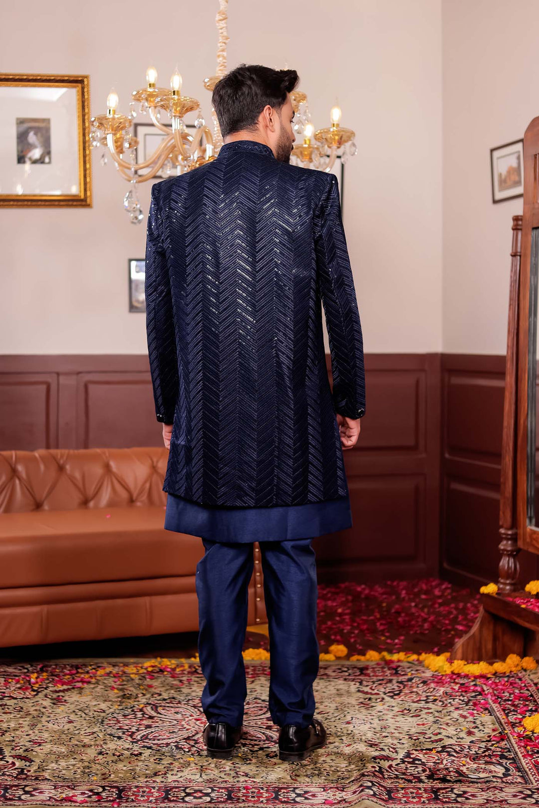 Navy Blue Lucknowi Silk Jacket Style Indo-Western Suit