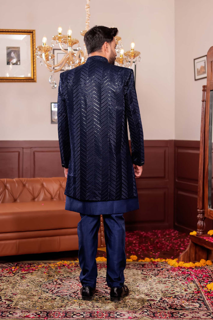 Navy Blue Lucknowi Silk Jacket Style Indo-Western Suit