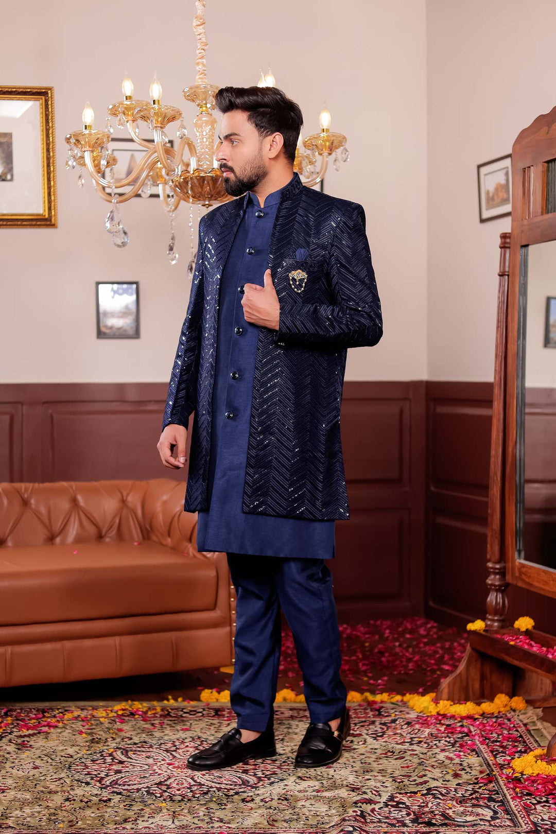 Navy Blue Lucknowi Silk Jacket Style Indo-Western Suit