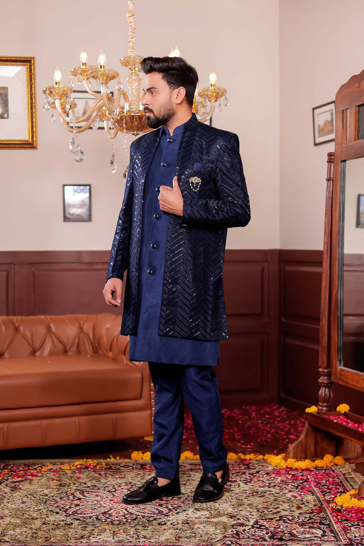 Navy Blue Lucknowi Silk Jacket Style Indo-Western Suit
