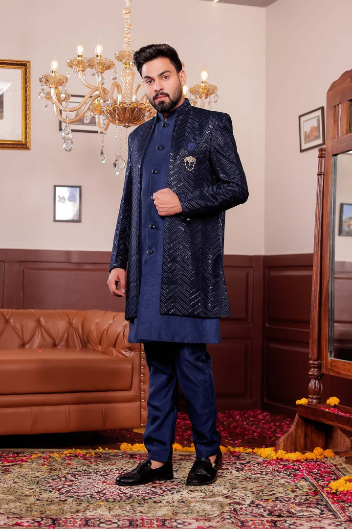 Navy Blue Lucknowi Silk Jacket Style Indo-Western Suit