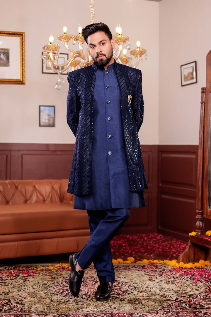 Navy Blue Lucknowi Silk Jacket Style Indo-Western Suit