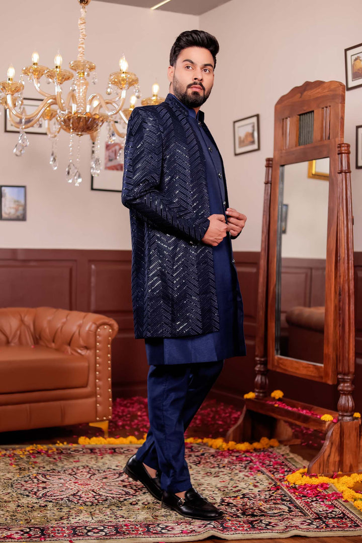 Navy Blue Lucknowi Silk Jacket Style Indo-Western Suit