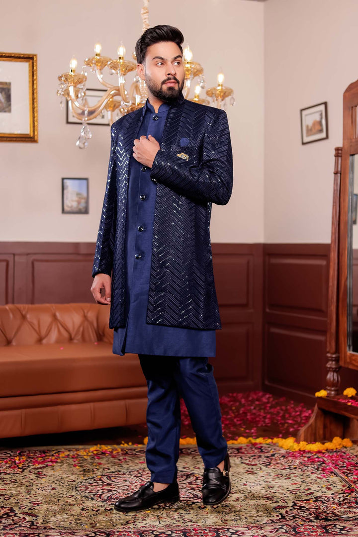 Navy Blue Lucknowi Silk Jacket Style Indo-Western Suit