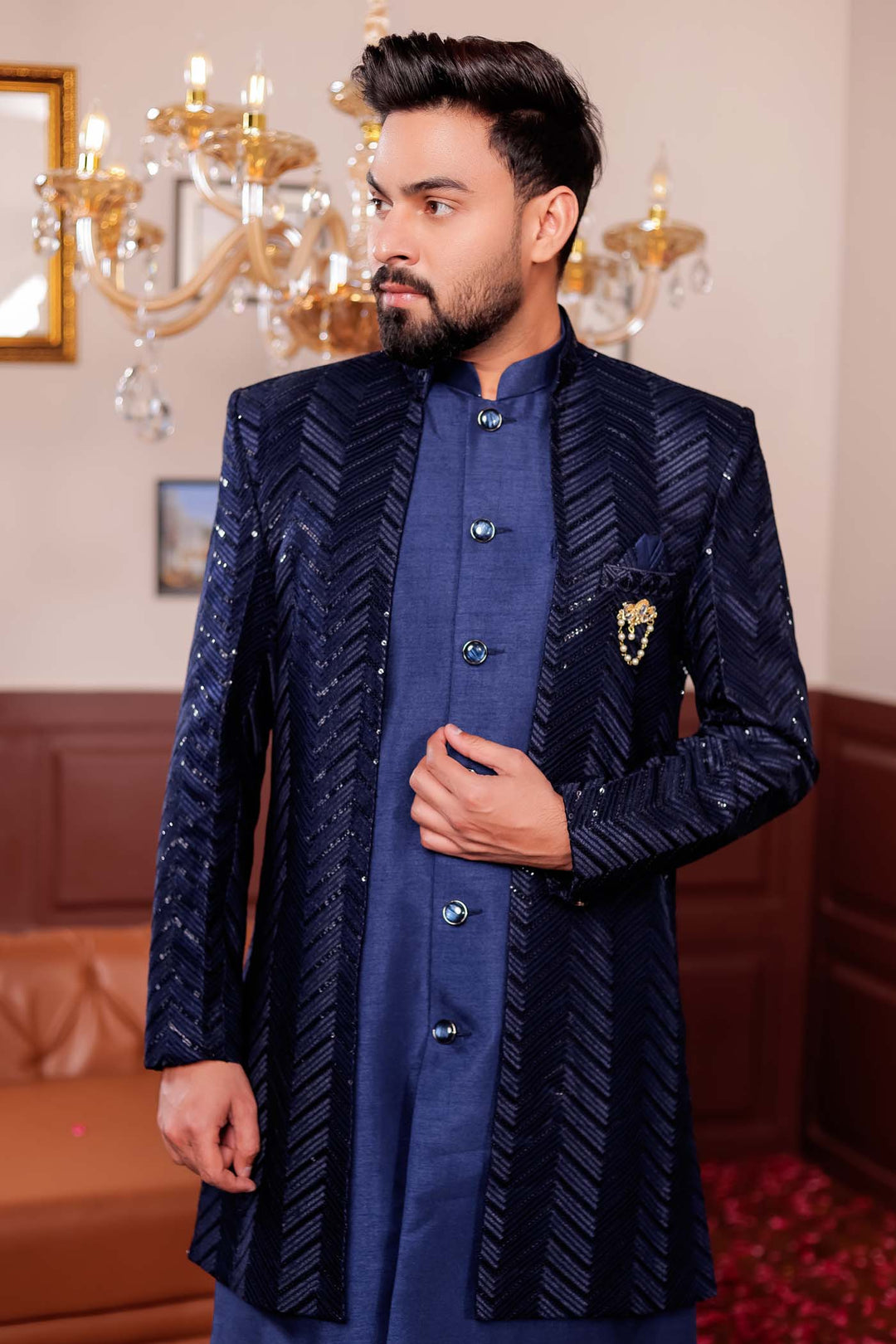 Navy Blue Lucknowi Silk Jacket Style Indo-Western Suit