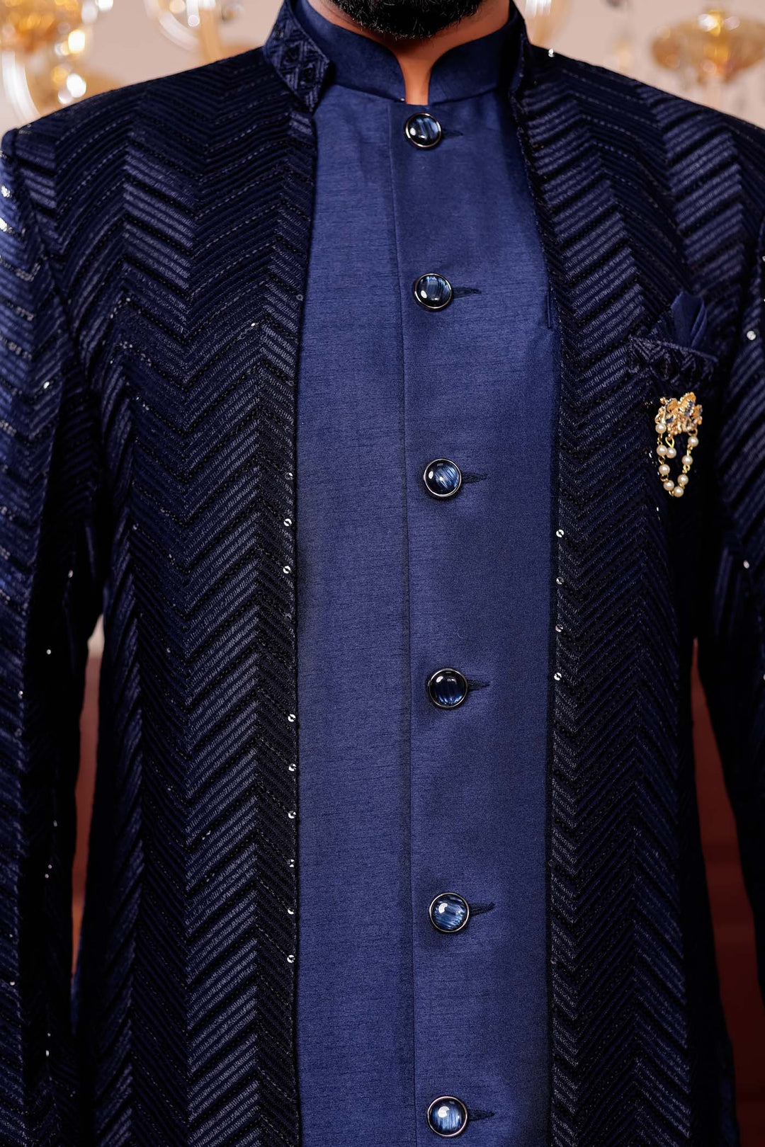 Navy Blue Lucknowi Silk Jacket Style Indo-Western Suit
