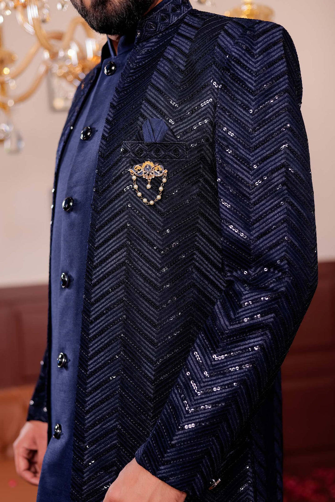 Navy Blue Lucknowi Silk Jacket Style Indo-Western Suit