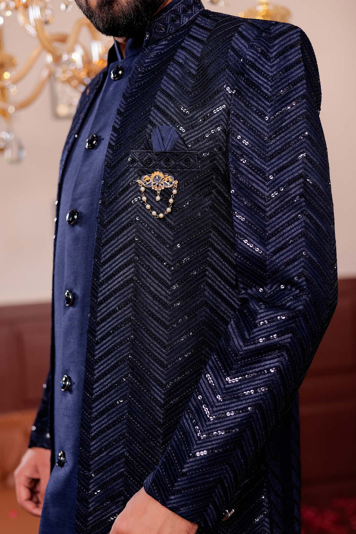 Navy Blue Lucknowi Silk Jacket Style Indo-Western Suit