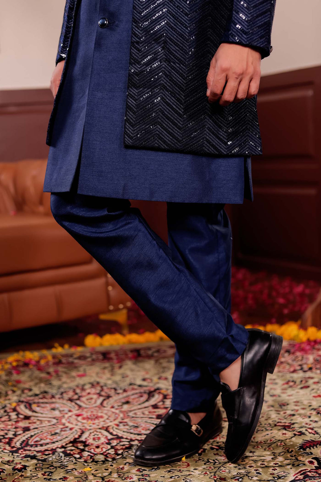 Navy Blue Lucknowi Silk Jacket Style Indo-Western Suit