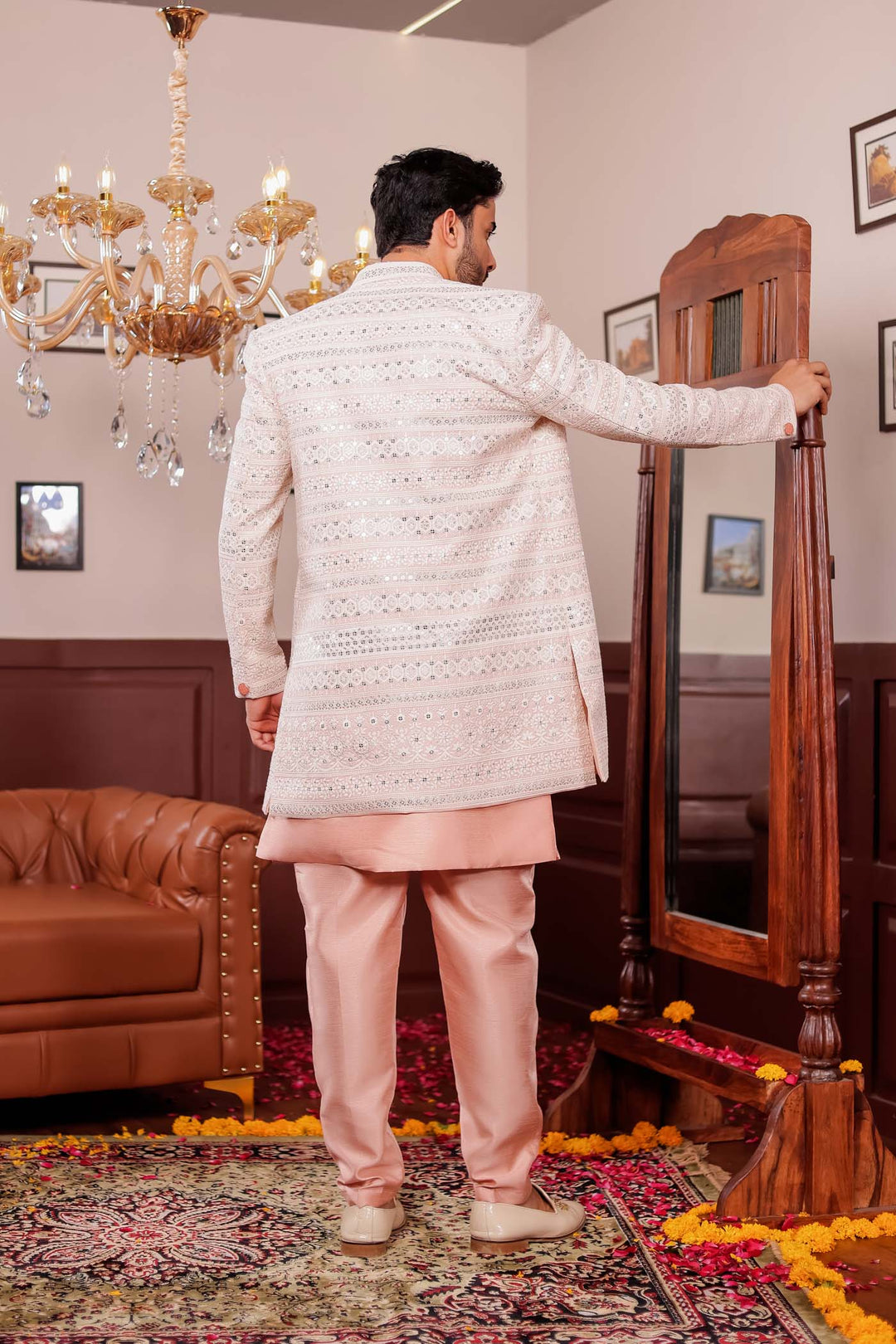 Light Peach Lucknowi Open Jacket Style Indo-western Suit.