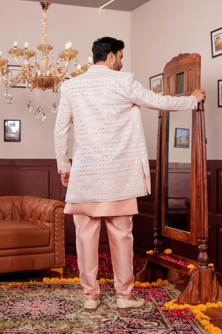 Light Peach Lucknowi Open Jacket Style Indo-western Suit.