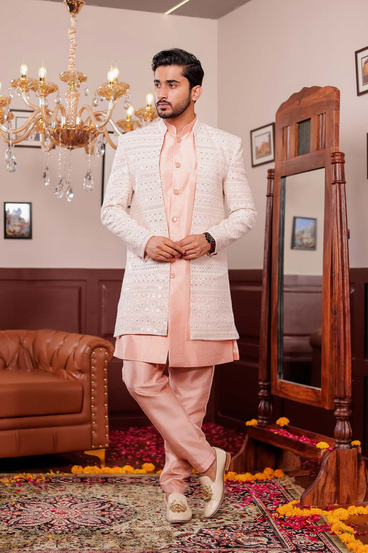 Light Peach Lucknowi Open Jacket Style Indo-western Suit.