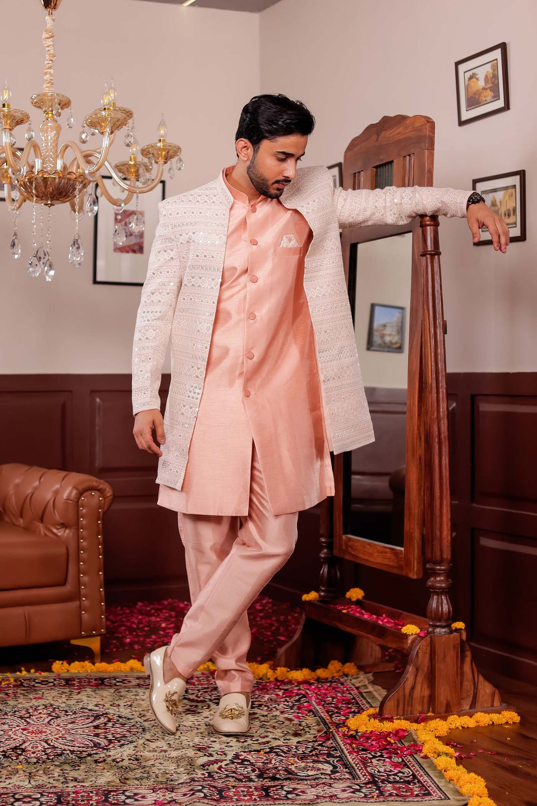 Light Peach Lucknowi Open Jacket Style Indo-western Suit.