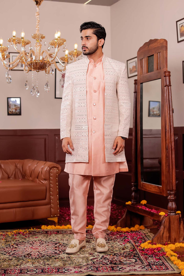 Light Peach Lucknowi Open Jacket Style Indo-western Suit.