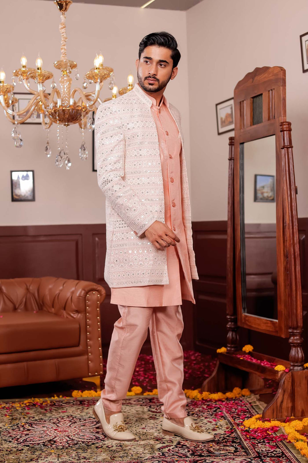 Light Peach Lucknowi Open Jacket Style Indo-western Suit.