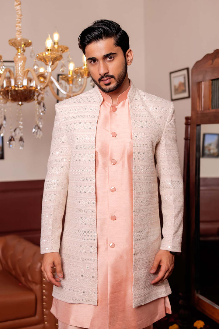 Light Peach Lucknowi Open Jacket Style Indo-western Suit.