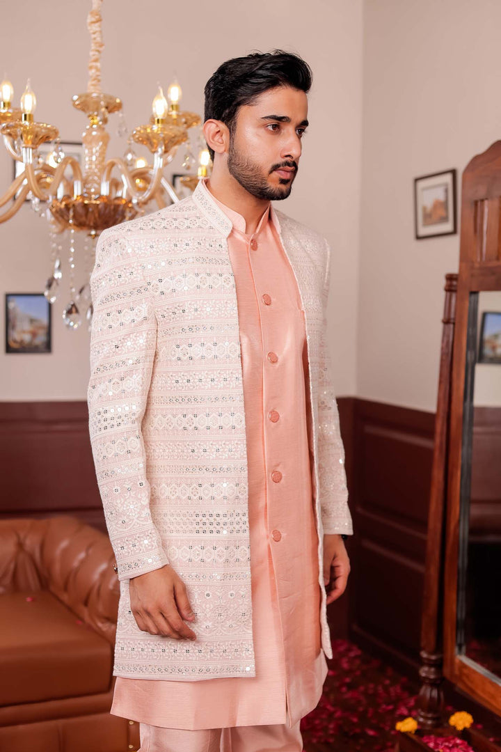 Light Peach Lucknowi Open Jacket Style Indo-western Suit.