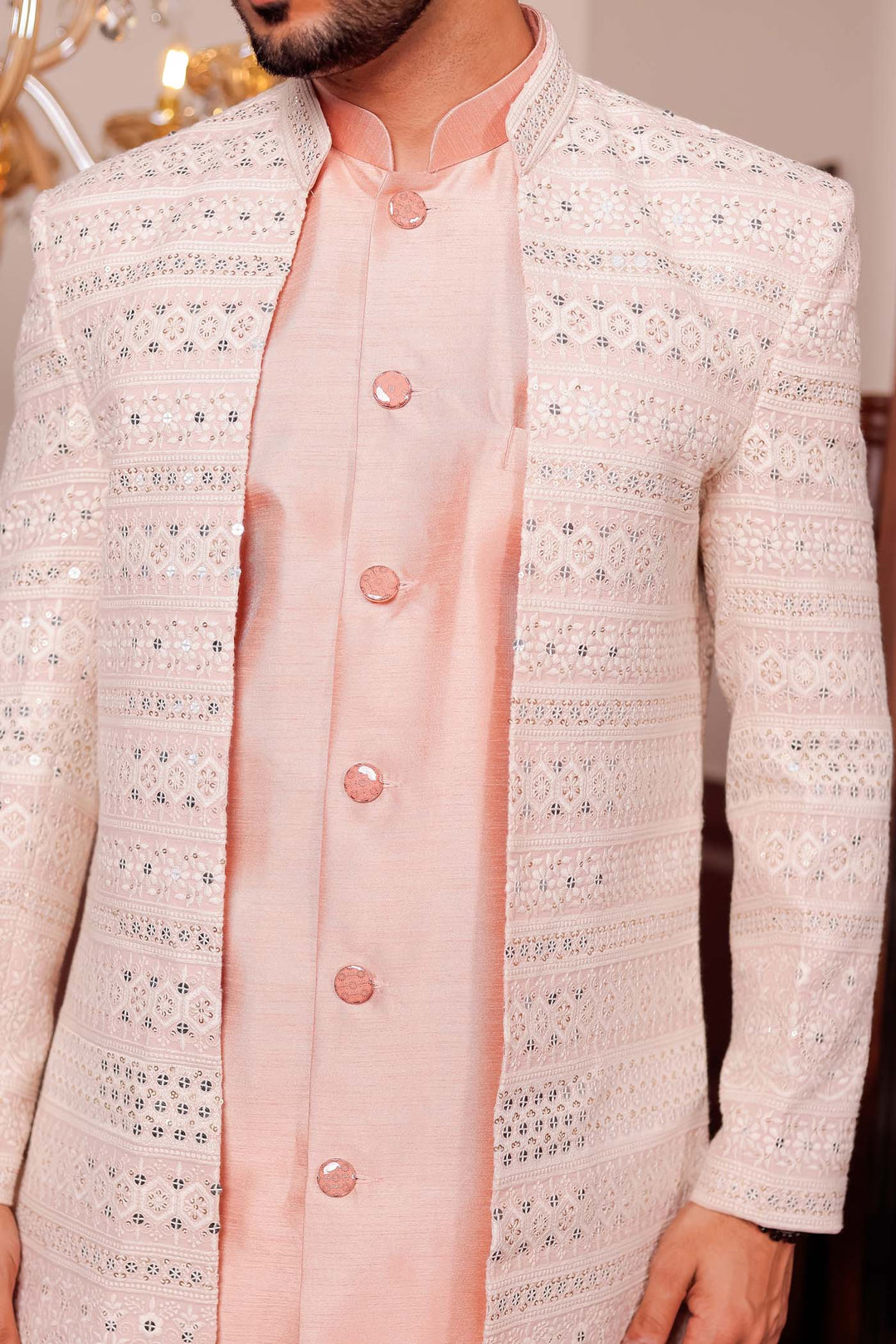 Light Peach Lucknowi Open Jacket Style Indo-western Suit.