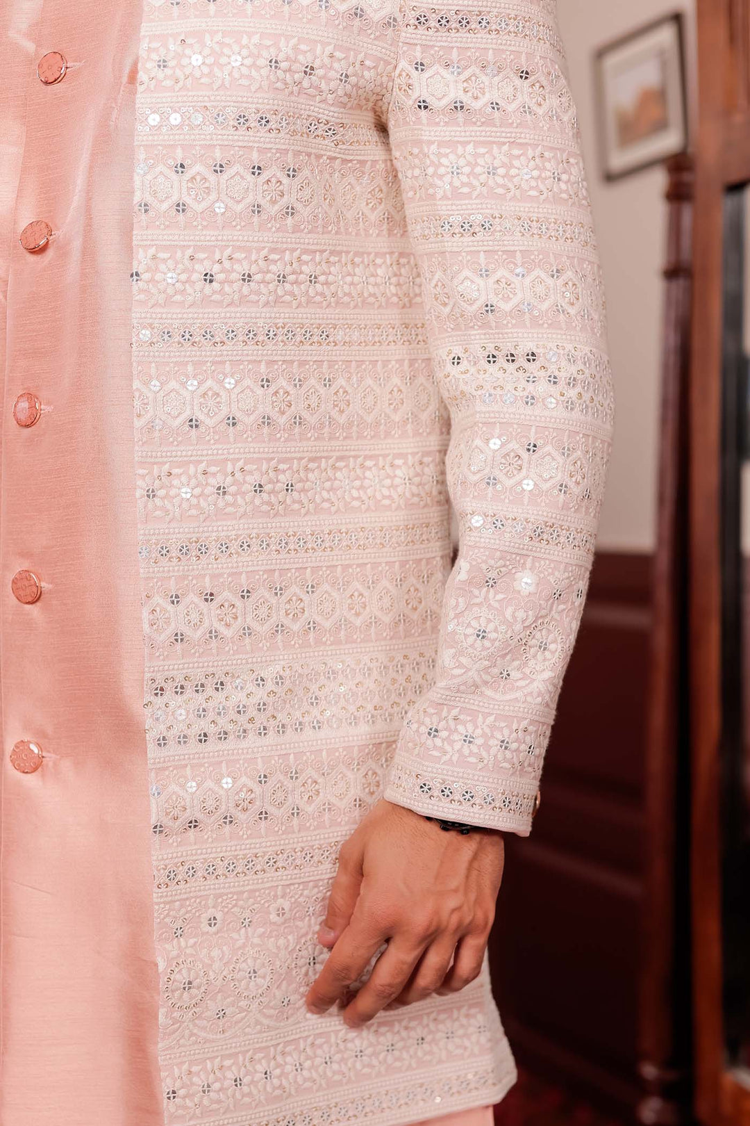 Light Peach Lucknowi Open Jacket Style Indo-western Suit.