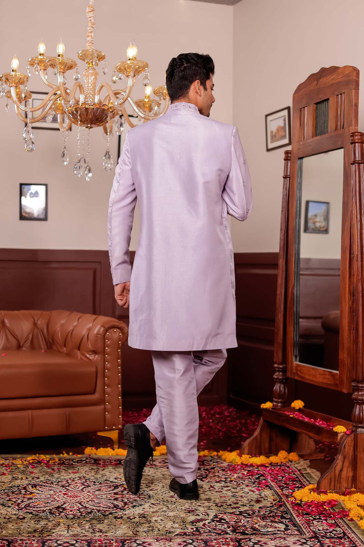 Mauve Raw Silk Jacket Style Indo-western Suit with Mirror Embroidery.