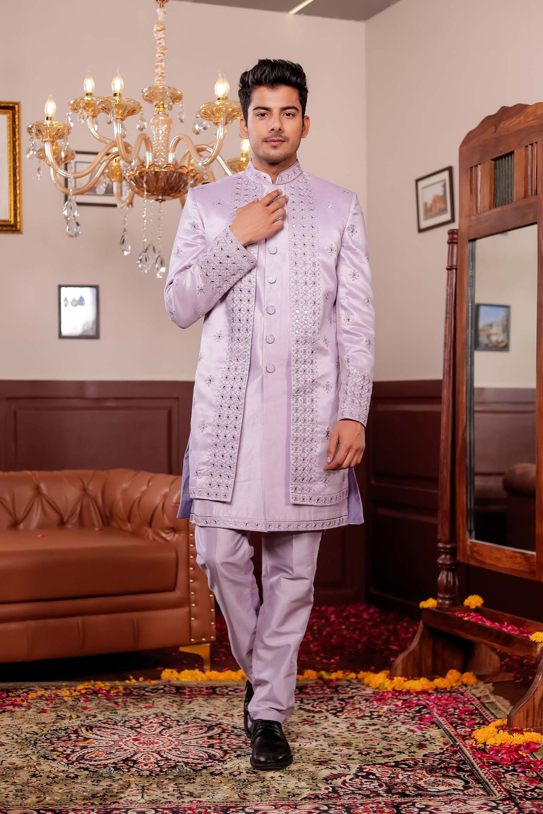 Mauve Raw Silk Jacket Style Indo-western Suit with Mirror Embroidery.