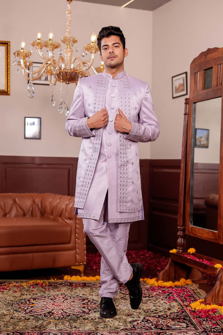 Mauve Raw Silk Jacket Style Indo-western Suit with Mirror Embroidery.